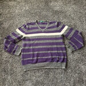 United Colors of Benetton Mens Medium‎ Purple Gray Striped V Neck Knit Casual